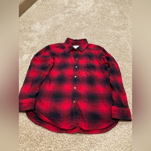 Women American eagle long sleeve button up collar plaid flannel shirt red black - Picture 1 of 11